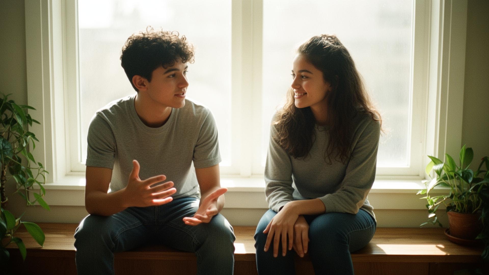 Dois jovens a conversar junto a uma janela com luz natural